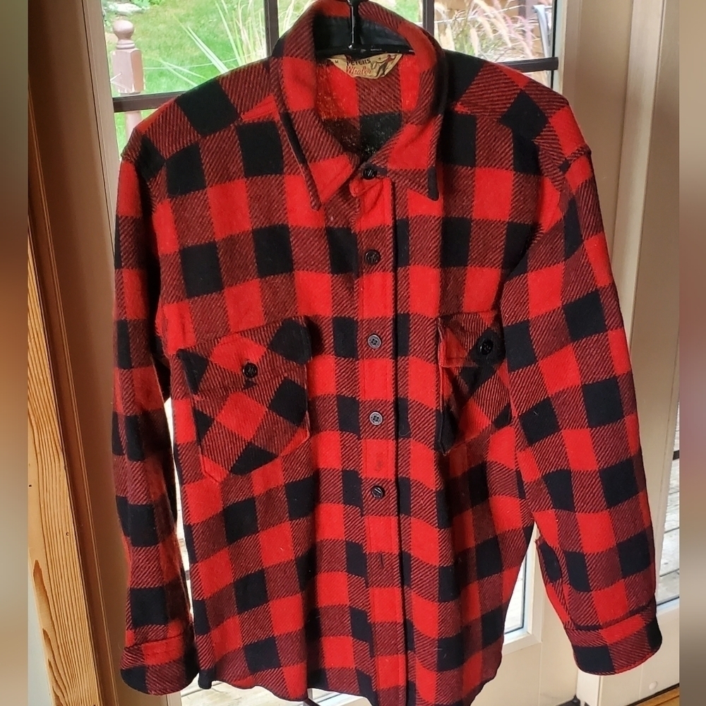 Peters Whaler Vintage Red Buffalo Plaid Wool Long Sleeve Sz M (L+) Shirt Hunting
